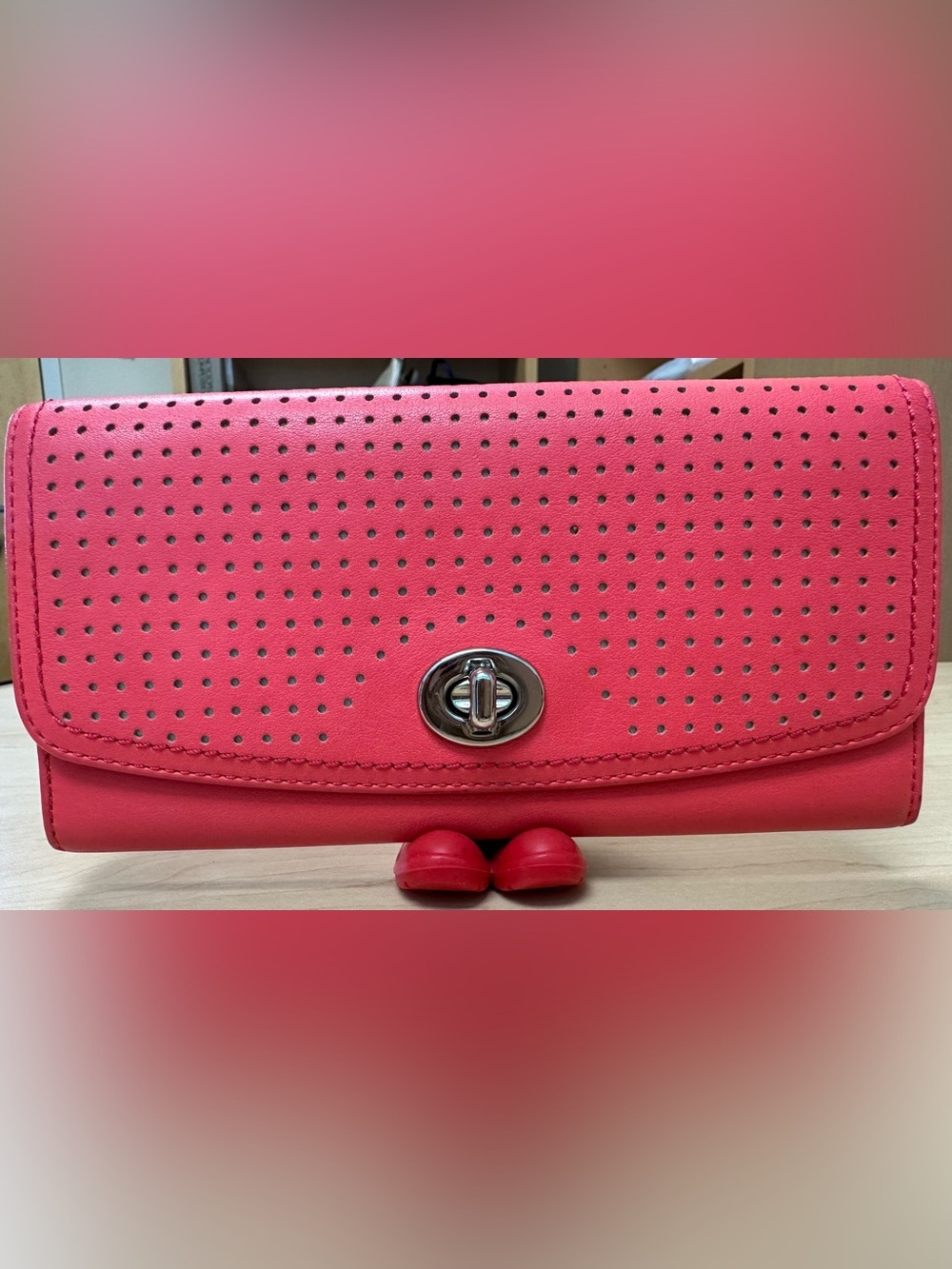 Coach Red Perforated Leather Turnlock Slim Wallet